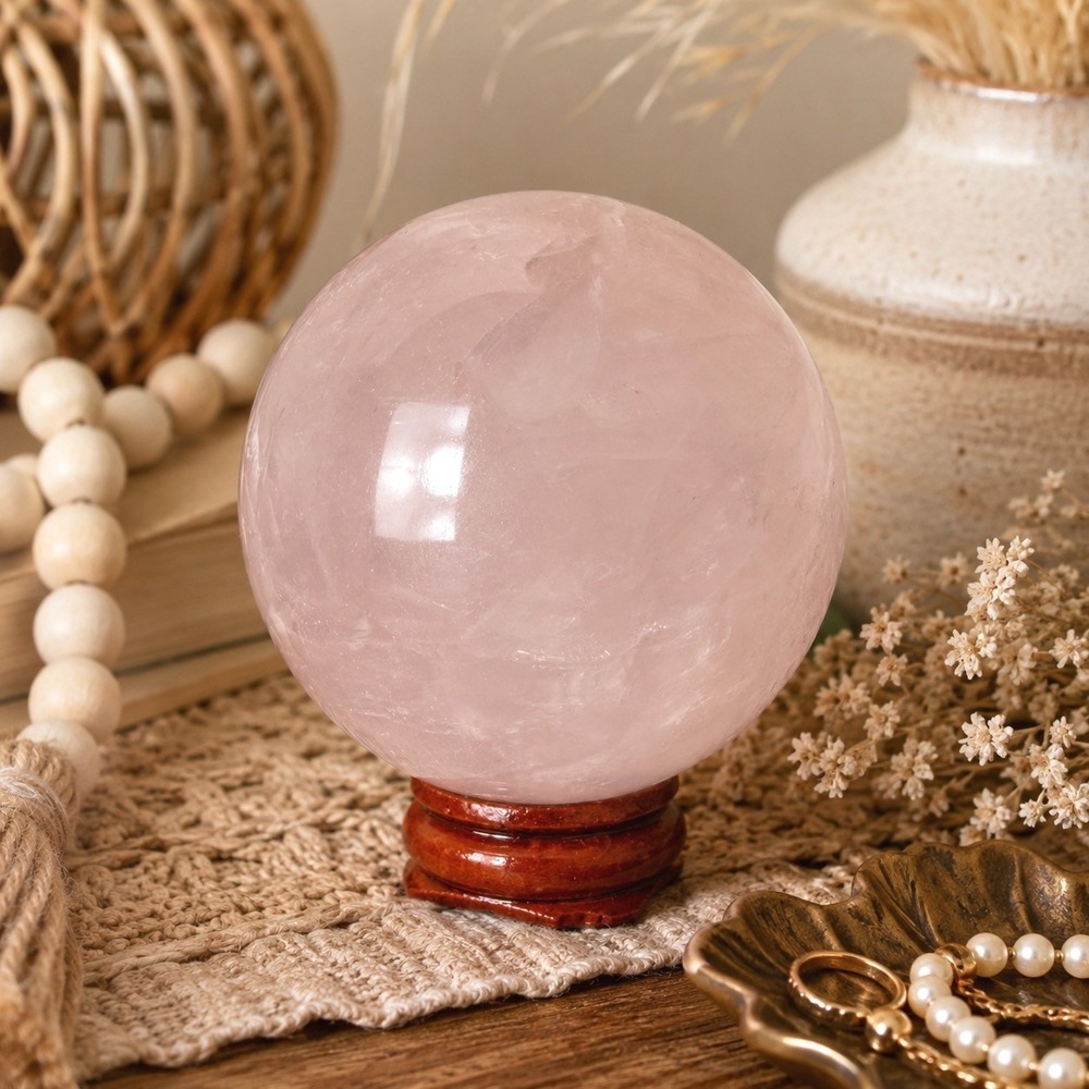Natural Rose Quartz Crystal Sphere Ball Large 65mm 366g w/ Wood‎ Stand
